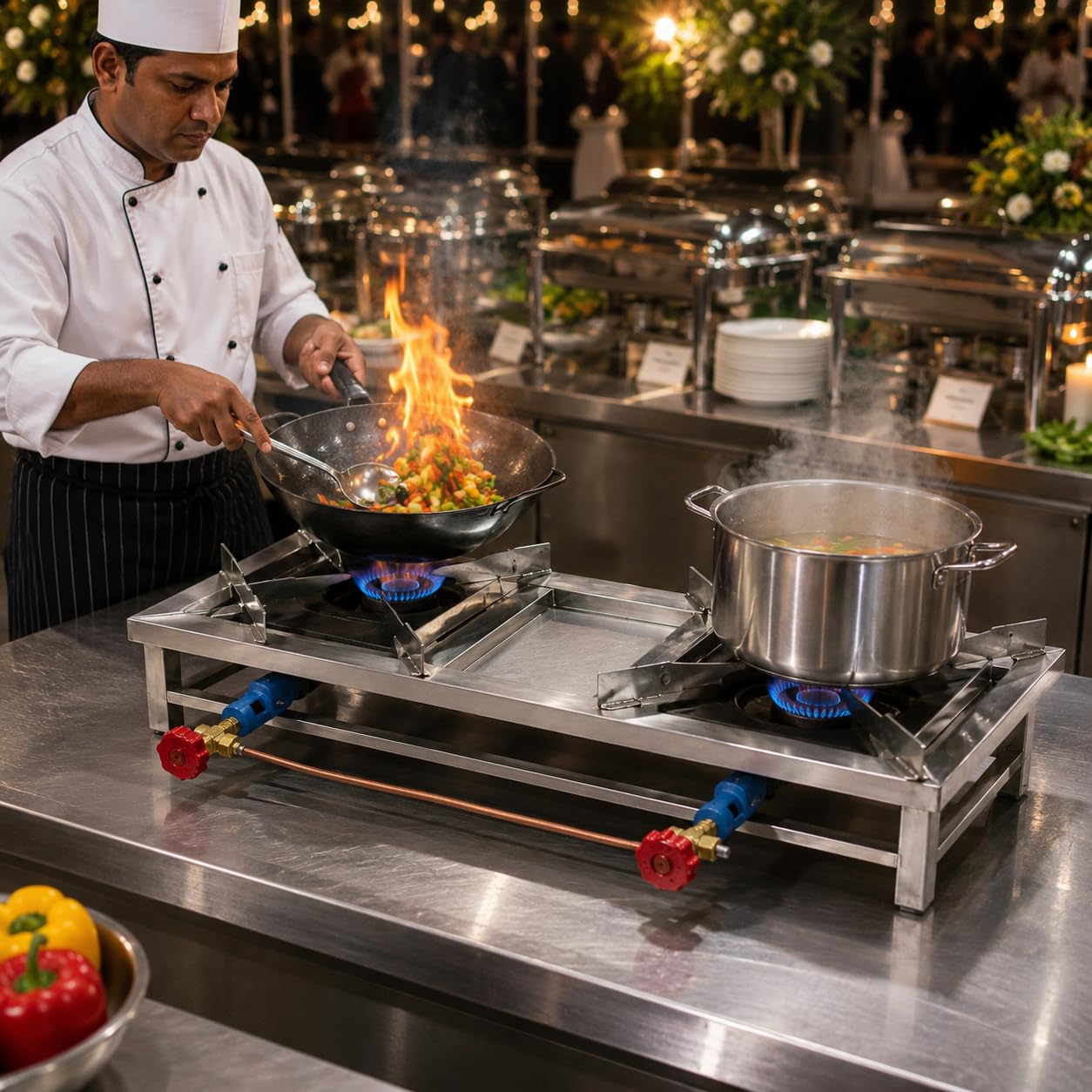 Gurubhai Equipments Double Catering Burner Commercial LPG Gas Stove Heavy Duty Cooking Range for Hotel Restaurant Catering Kitchen