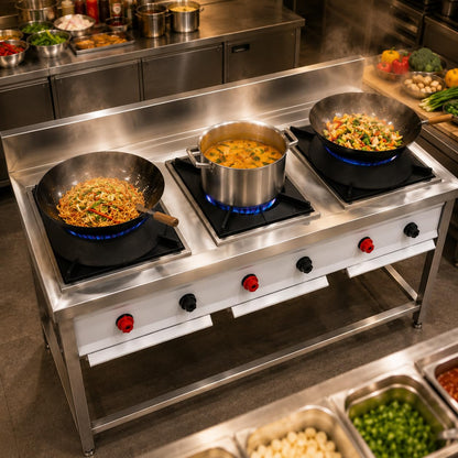 Gurubhai Equipments Stainless Steel Commercial Single Burner Gas Stove Table with Worktop Backsplash & Under Shelf for Hotel Restaurant Kitchen