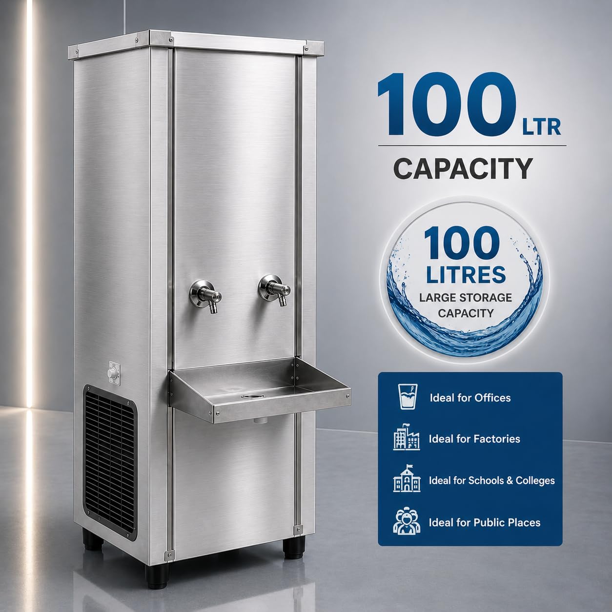 Gurubhai Equipments 100L Stainless Steel Water Cooler | Commercial Drinking Water Cooler Machine | Heavy Duty Electric Water Cooler for Office, School & Restaurant