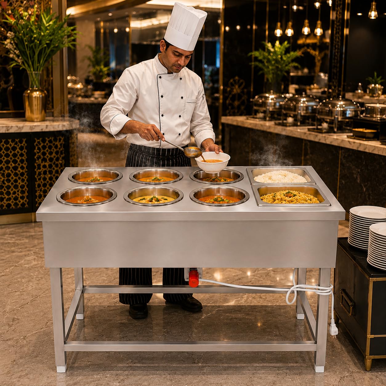 Gurubhai Equipments 6+2 Electric Bain Marie Counter – Commercial Stainless Steel Food Warmer with 6 Round Pots & 2 GN Pans for Buffet, Restaurant, Hotel & Catering Service