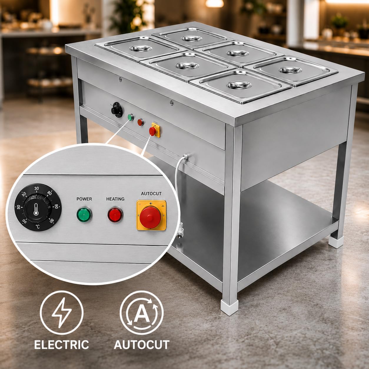 Gurubhai Equipments Electric Autocut Bain Marie Commercial Food Warmer Steam Table Buffet Counter with Undershelf for Restaurant Catering (ELC-BN-MR-6-GN)
