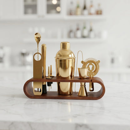 Gurubhai Equipments Cocktail Shaker Set with Wooden Stand Professional Bar Tool Kit Martini Shaker Bartender Set for Home Bar Party Cocktail Mixing