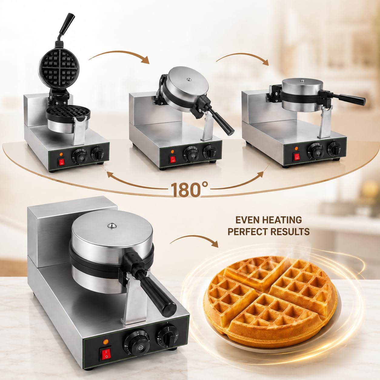 Gurubhai Equipments Round Rotating Waffle Machine, Commercial Electric Belgian Waffle Maker, Rotary Waffle Baker for Cafe Bakery Restaurant