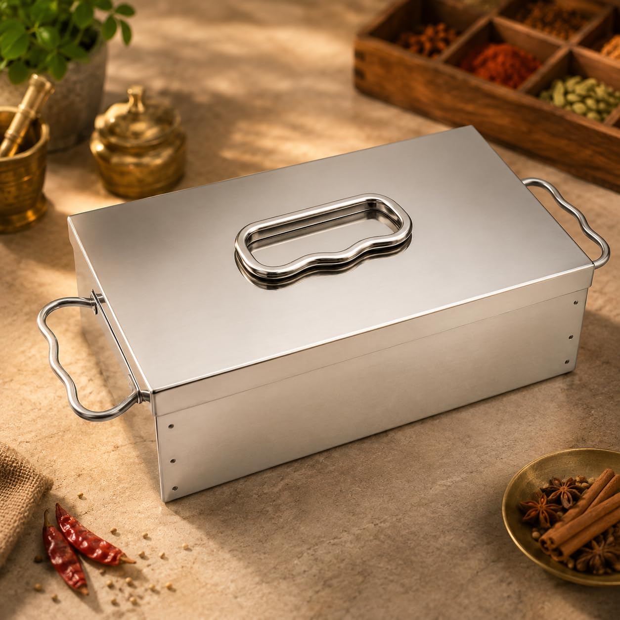 GURUBHAI EQUIPMENTS Stainless Steel Masala Peti 6 Compartments Spice Box Masala Dabba for Kitchen Spice Storage Container