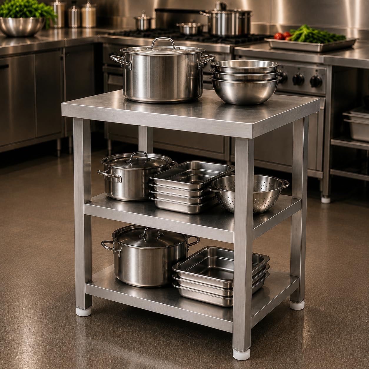 GURUBHAI EQUIPMENTS Kitchen Service Table Commercial Work Table with 2 Storage Shelves for Restaurant Hotel Catering Kitchen