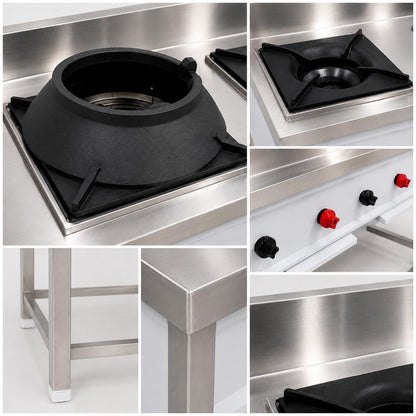 Gurubhai Equipments Stainless Steel Commercial Single Burner Gas Stove Table with Worktop Backsplash & Under Shelf for Hotel Restaurant Kitchen