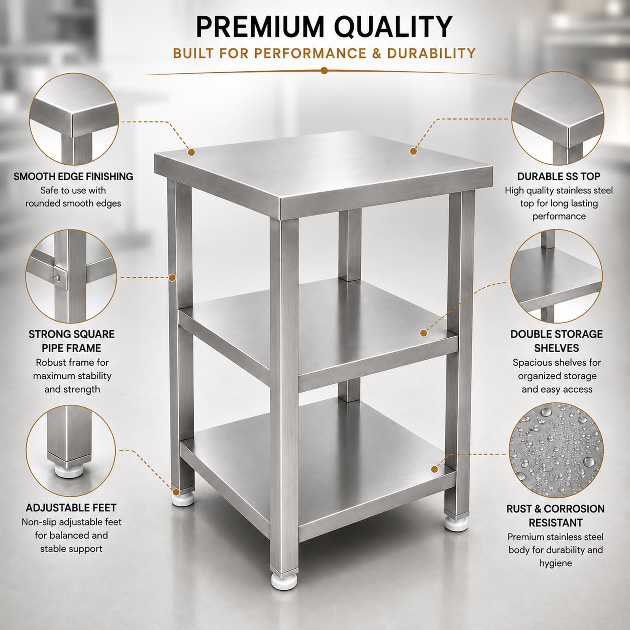 GURUBHAI EQUIPMENTS Kitchen Service Table Commercial Work Table with 2 Storage Shelves for Restaurant Hotel Catering Kitchen