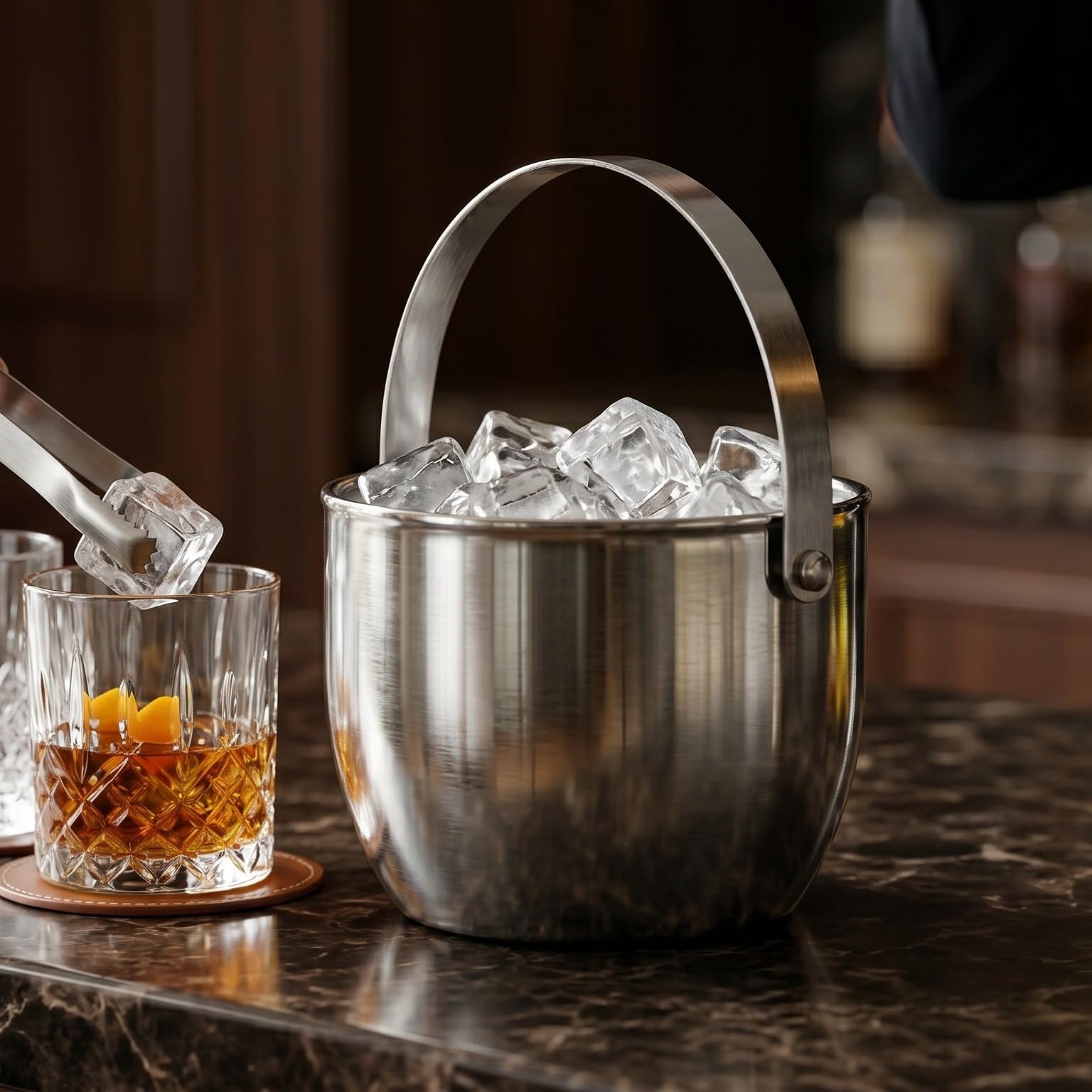 Gurubhai Equipments Stainless Steel Ice Bucket with Ice Tong & Carry Handle Double Wall Ice Bucket for Bar Party Wine Champagne Beer Ice Storage