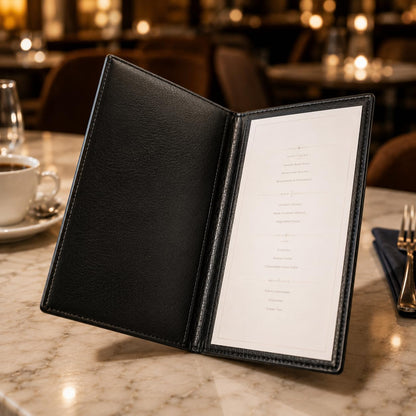 Gurubhai Equipments Restaurant Menu Folder – Set of 3 PU Leather Menu Holders with Transparent Sleeves | Durable, Easy-to-Clean Menu Covers for Hotels, Cafes, Bars & Restaurants