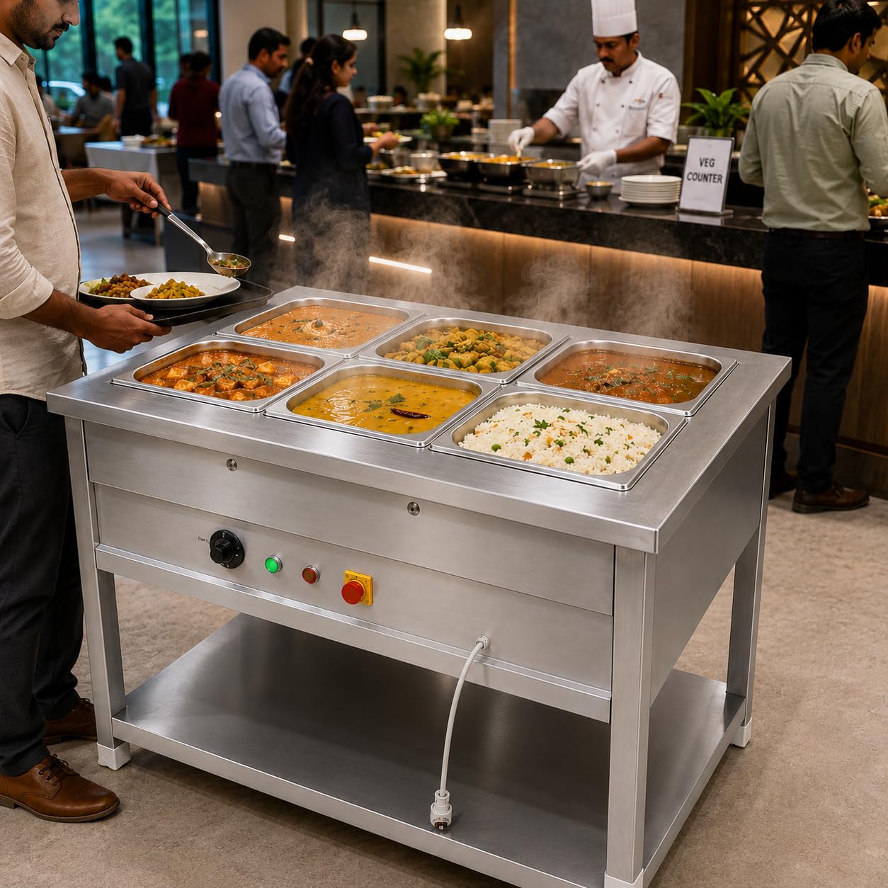 Gurubhai Equipments Electric Autocut Bain Marie Commercial Food Warmer Steam Table Buffet Counter with Undershelf for Restaurant Catering