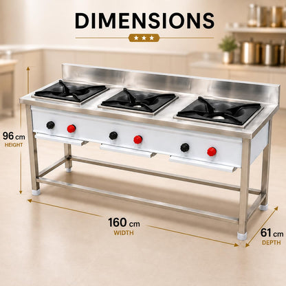 Gurubhai Equipments Stainless Steel Commercial Single Burner Gas Stove Table with Worktop Backsplash & Under Shelf for Hotel Restaurant Kitchen