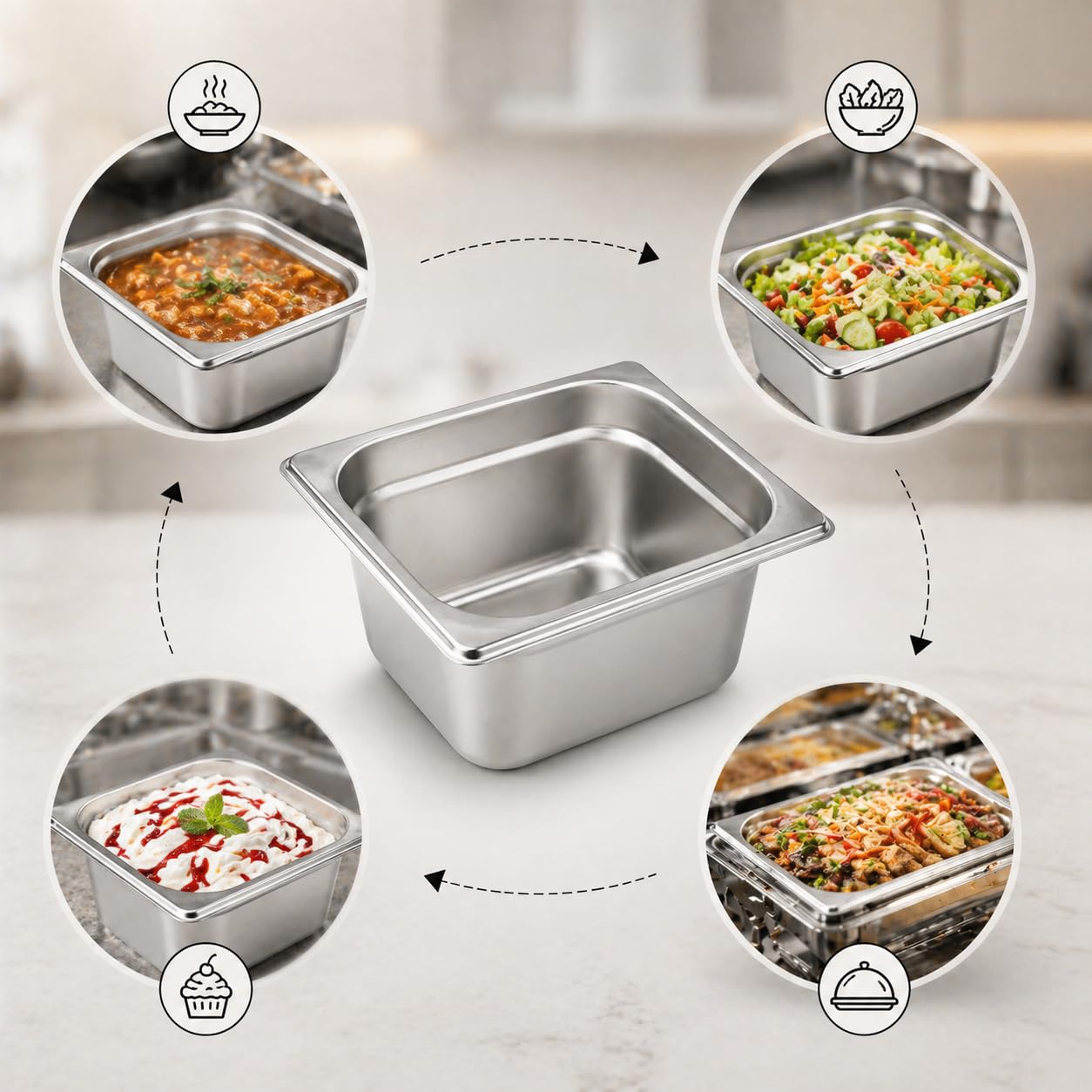 GURUBHAI EQUIPMENTS GN Pan Food Container 1/6 100mm (4" Deep) Stainless Steel Gastronorm Pan, Easy-to-Clean Food Storage Solution for Commercial Kitchen & Catering Use