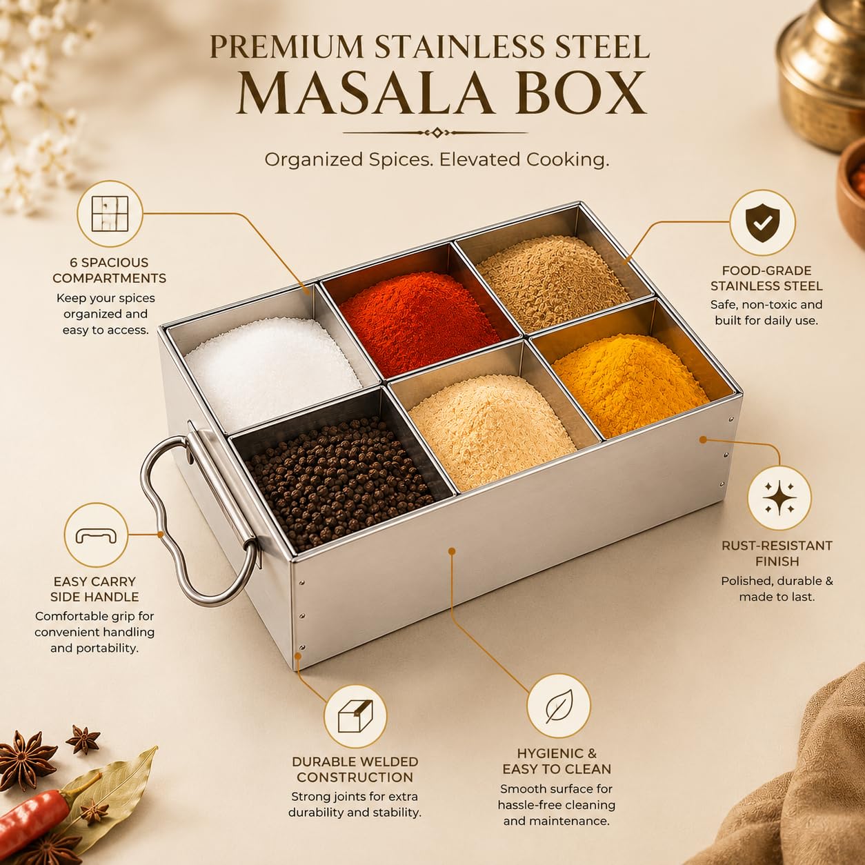 GURUBHAI EQUIPMENTS Stainless Steel Masala Peti | Compartments Spice Box | Masala Container | Spice Box for Kitchen, Restaurant & Hotel use