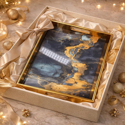 Gurubhai Equipments Luxury Serving Tray Set of 2 with Handles | Gold Metal Frame Abstract Blue Marble Design | Premium Decorative Trays for Dining, Home Décor, Gifting & Hotels