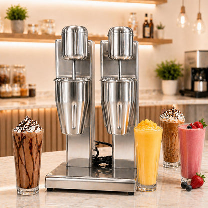 Gurubhai Equipments Commercial Milkshake Maker | Heavy-Duty Double Head Stainless Steel Mixer | 2-Speed 220V Electric Blender Machine with Mixing Cups for Milkshakes, Smoothies, and Drinks