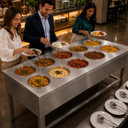 Gurubhai Equipments 10 Pot Electric Bain Marie Commercial Food Warmer Stainless Steel Steam Table Buffet Counter for Hotel Restaurant Catering