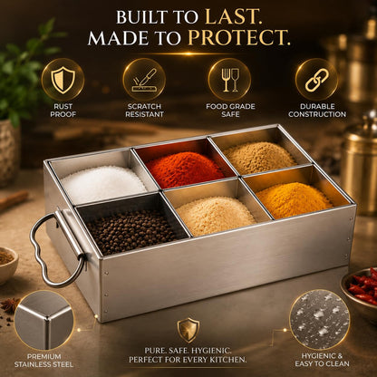 GURUBHAI EQUIPMENTS Stainless Steel Masala Peti 6 Compartments Spice Box Masala Dabba for Kitchen Spice Storage Container