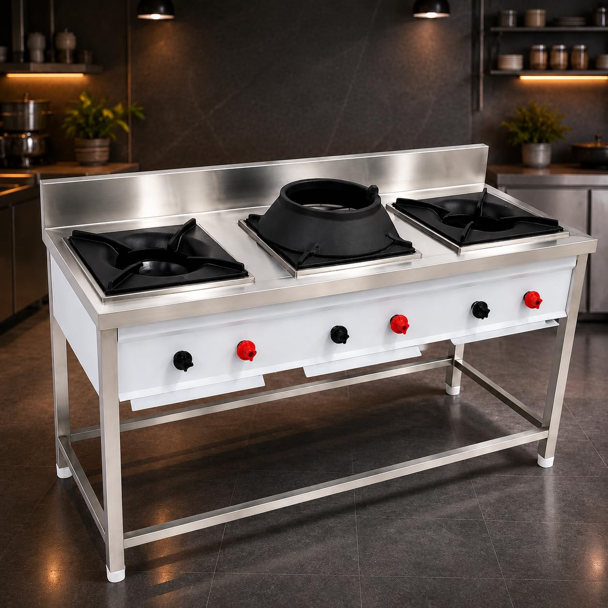 Gurubhai Equipments Stainless Steel Commercial Single Burner Gas Stove Table with Worktop Backsplash & Under Shelf for Hotel Restaurant Kitchen
