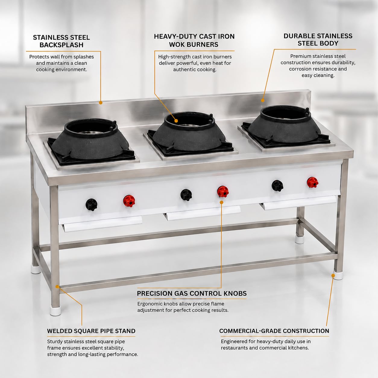 Gurubhai Equipments Stainless Steel Commercial Single Burner Gas Stove Table with Worktop Backsplash & Under Shelf for Hotel Restaurant Kitchen