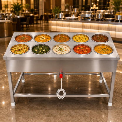 Gurubhai Equipments 10 Pot Electric Bain Marie Commercial Food Warmer Stainless Steel Steam Table Buffet Counter for Hotel Restaurant Catering