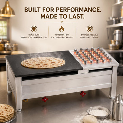 Gurubhai Equipments Stainless Steel Roti Bhatti – Commercial Gas Roti Bhatti for Hotel & Restaurant Use | Heavy-Duty Roti Cooking Bhatti with Bullet Burner for Tandoor & Kitchen Use