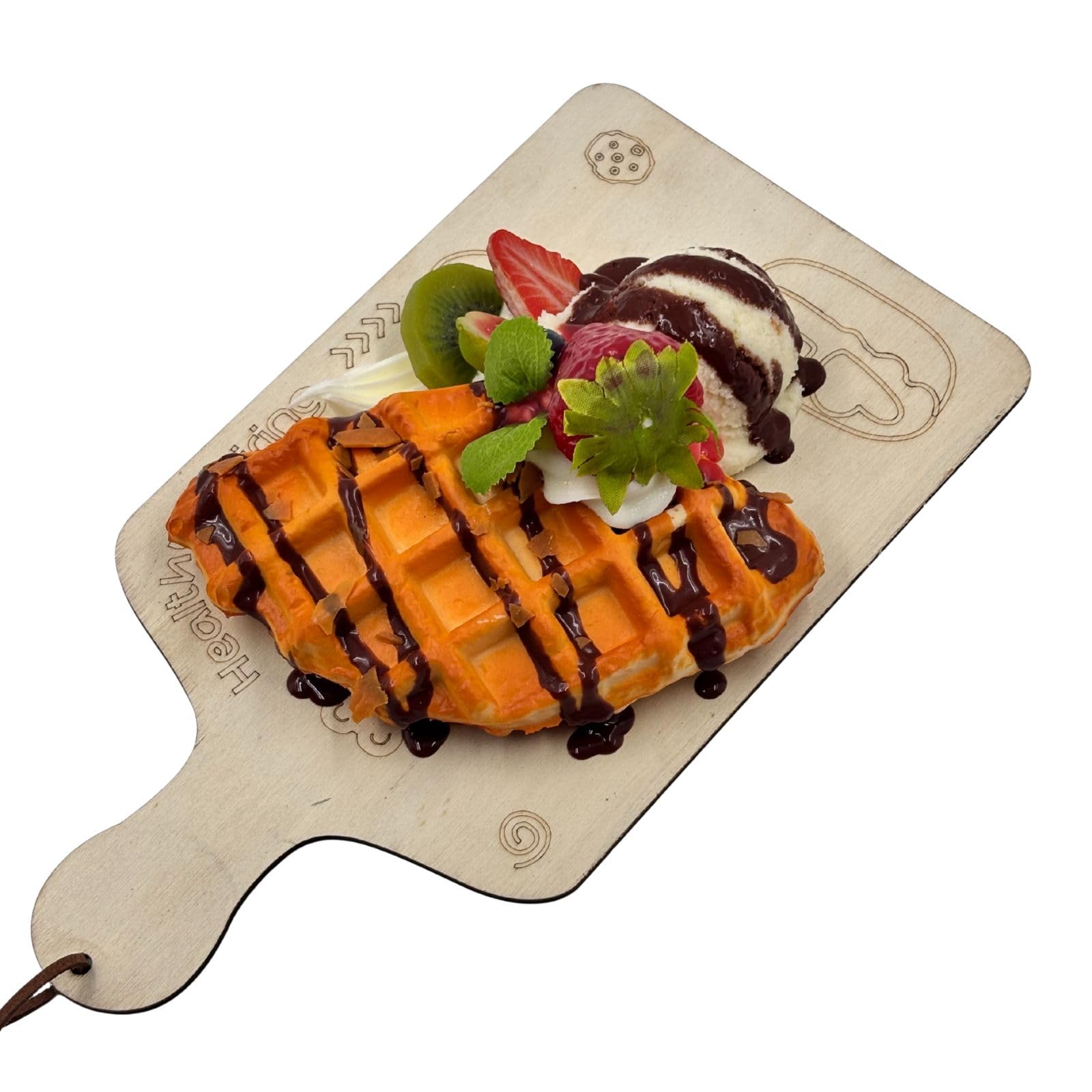 GURUBHAI EQUIPMENTS Artificial Waffle Dessert Display with Ice Cream & Fruits | Realistic Fake Food Model for Cafe Decor, Bakery Counter, Photography Prop with Display Board