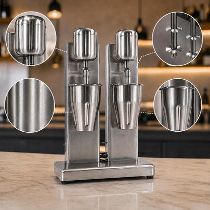Gurubhai Equipments Commercial Milkshake Maker | Heavy-Duty Double Head Stainless Steel Mixer | 2-Speed 220V Electric Blender Machine with Mixing Cups for Milkshakes, Smoothies, and Drinks