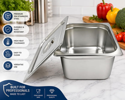 GURUBHAI EQUIPMENTS Gn Pan Food Container 1/2 100mm (4" Deep) Stainless Steel Gastronorm Pan with Lid-(Set of 1) – Easy-to-Clean Food Storage Solution for Commercial Kitchens, Catering use