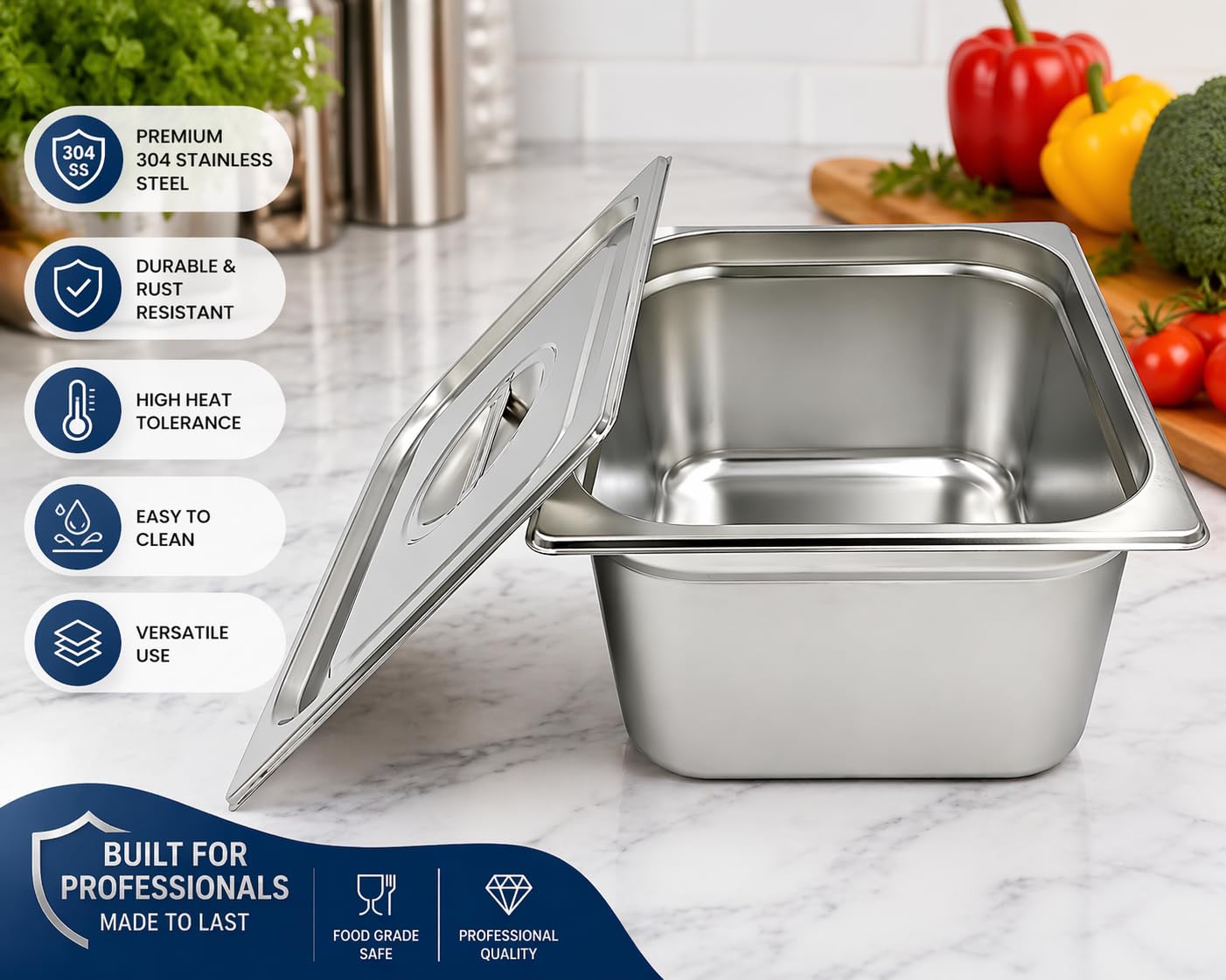 GURUBHAI EQUIPMENTS Gn Pan Food Container 1/2 150mm (6" Deep) Stainless Steel Gastronorm Pan with Lid-(Set of 1) - Easy-to-Clean Food Storage Solution for Commercial Kitchens, Catering use