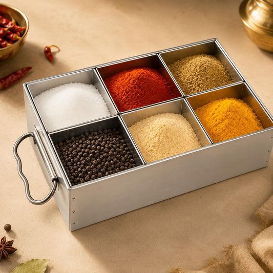 GURUBHAI EQUIPMENTS Stainless Steel Masala Peti 6 Compartments Spice Box Masala Dabba for Kitchen Spice Storage Container