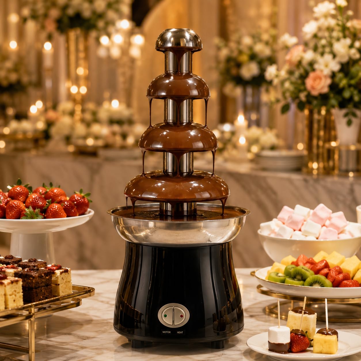 Gurubhai Equipments Electric Chocolate Fountain Machine with Stainless Steel Tower | 3-Tier Chocolate Fountain | Motor & Heating Control for Parties, Hotels, Catering & Events