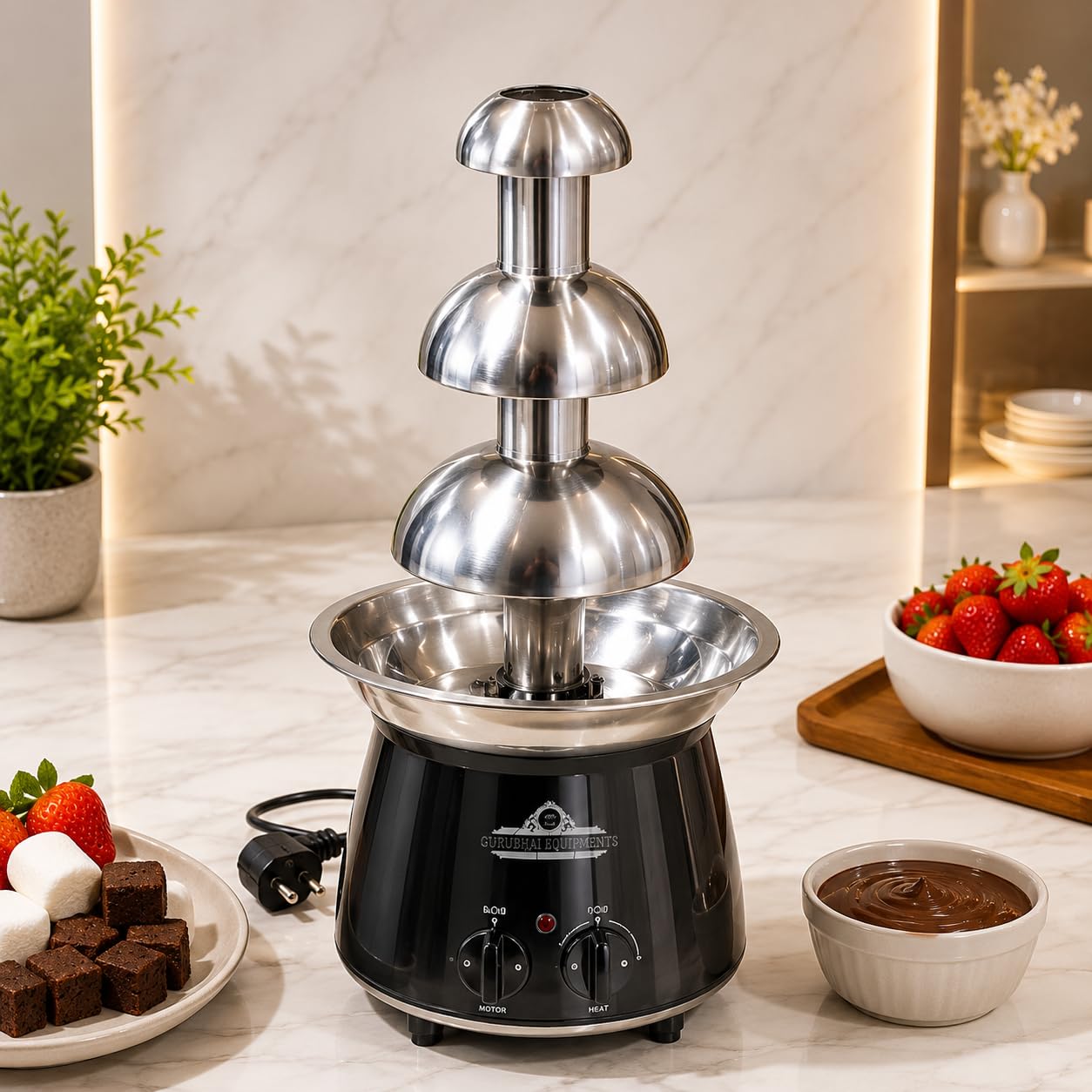 Gurubhai Equipments Electric Chocolate Fountain Machine with Stainless Steel Tower | 3-Tier Chocolate Fountain | Motor & Heating Control for Parties, Hotels, Catering & Events