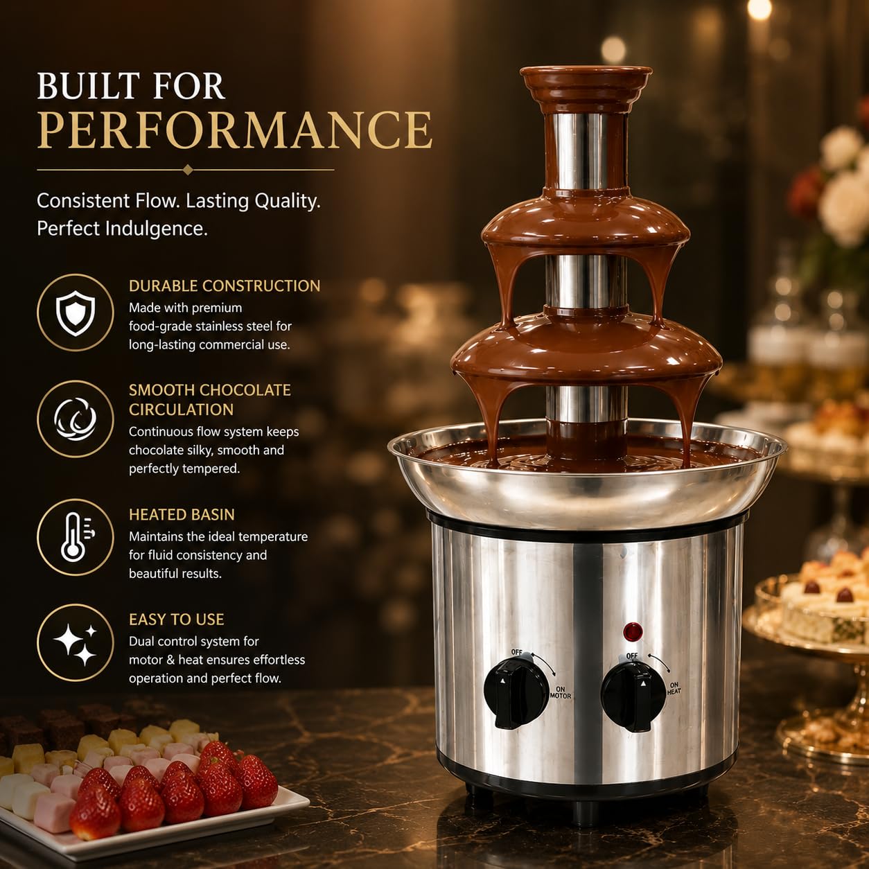Gurubhai Equipments Electric Chocolate Fountain Machine with Stainless Steel Tower | 3-Tier Chocolate Fountain | Motor & Heating Control for Parties, Hotels, Catering & Events