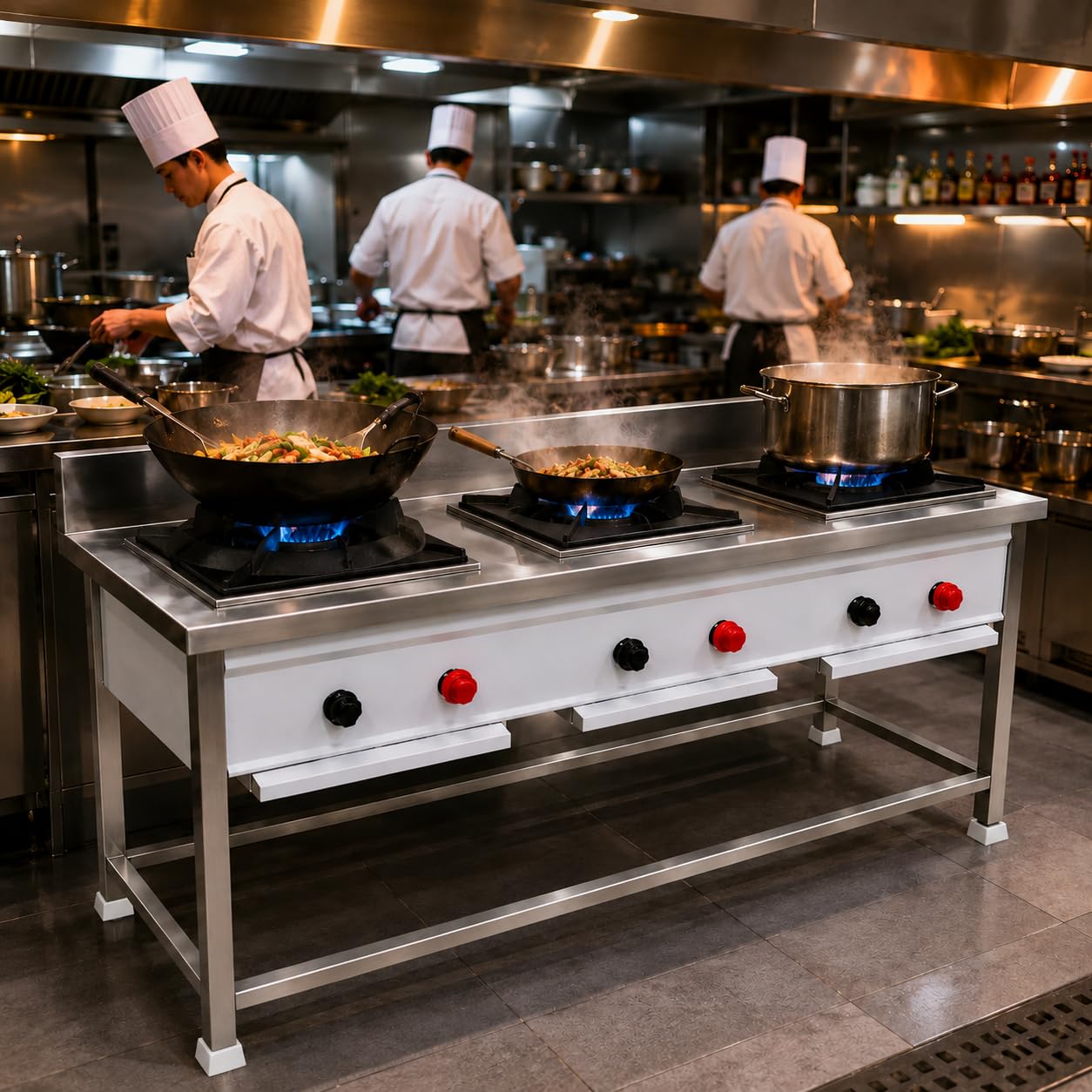 Gurubhai Equipments Stainless Steel Commercial Single Burner Gas Stove Table with Worktop Backsplash & Under Shelf for Hotel Restaurant Kitchen