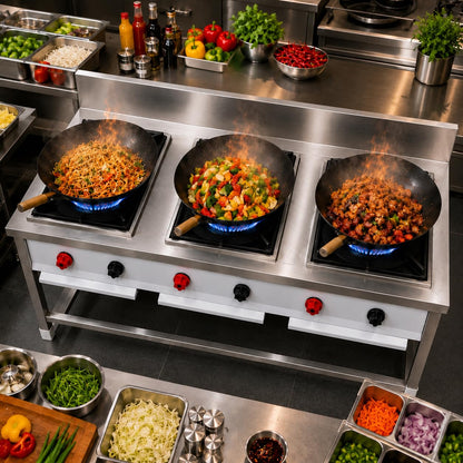 Gurubhai Equipments Stainless Steel Commercial Single Burner Gas Stove Table with Worktop Backsplash & Under Shelf for Hotel Restaurant Kitchen