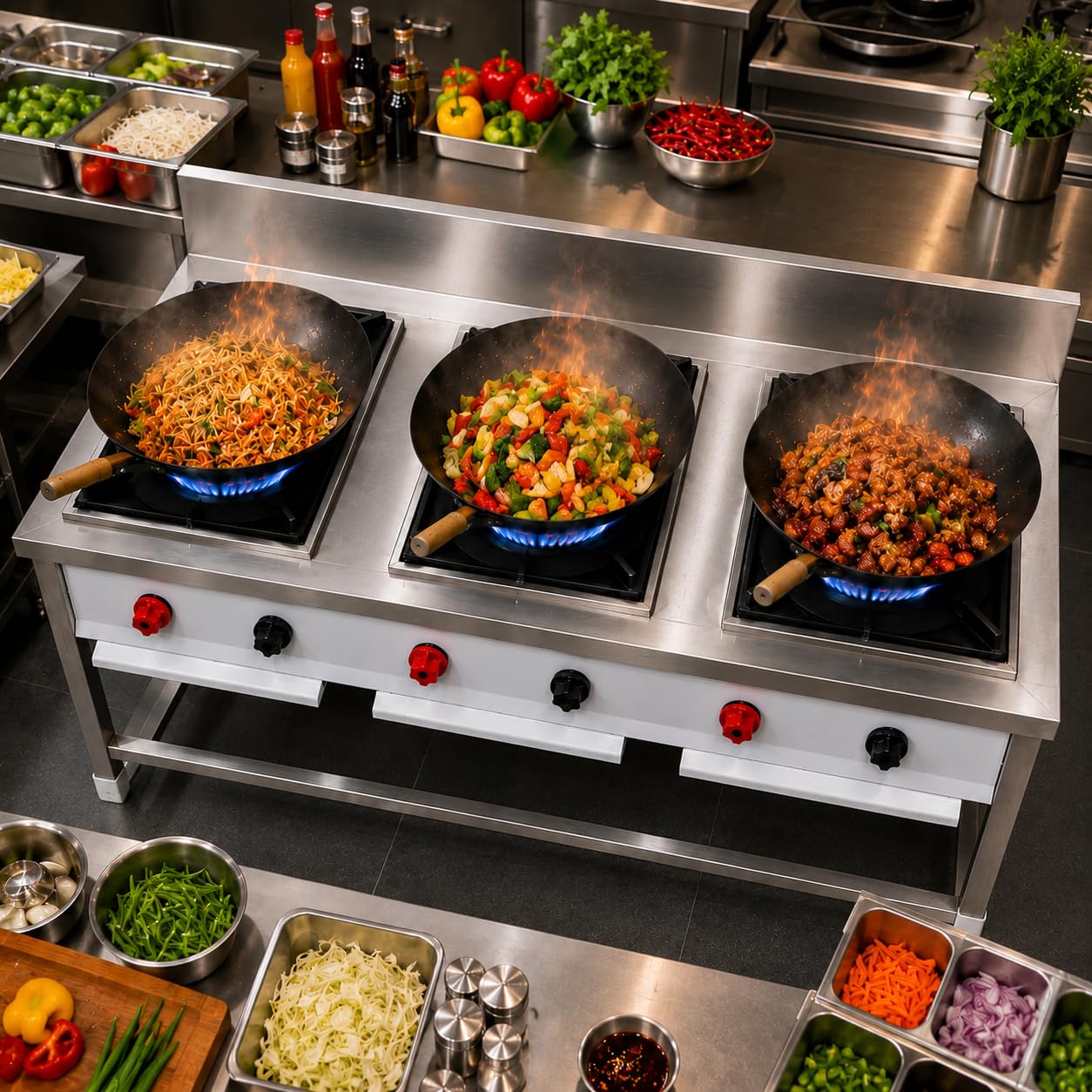 Gurubhai Equipments 4 Burner Stainless Steel Commercial Gas Stove Heavy Duty Cooking Range with Backsplash for Hotel Restaurant Industrial Kitchen