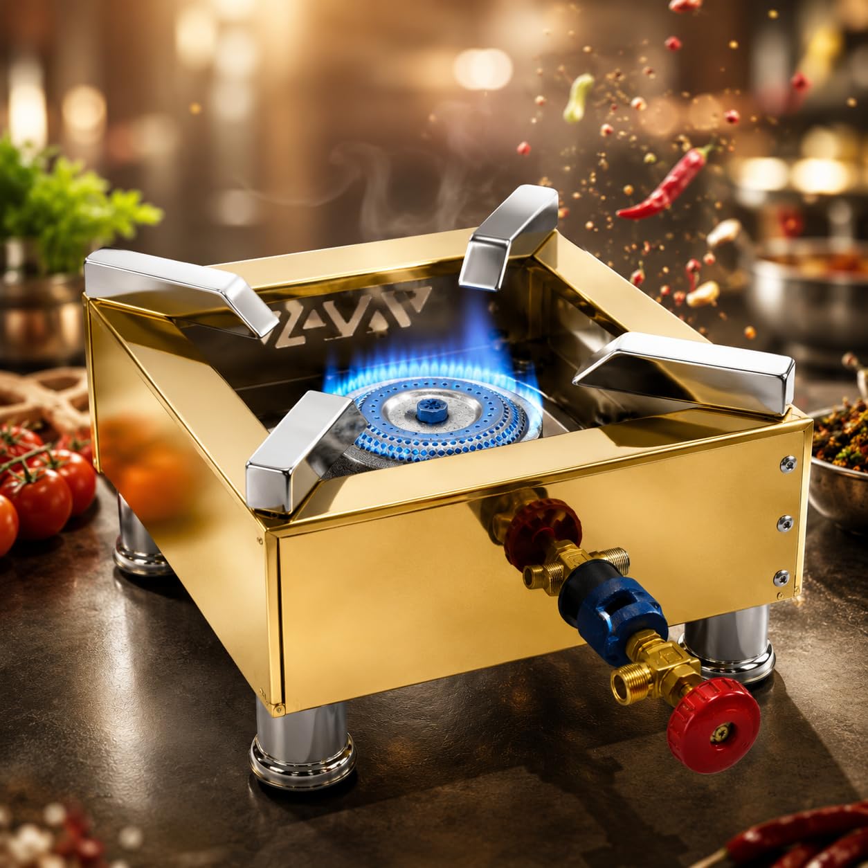 Gurubhai Equipments Square Catering Burner 12x12 Inch LPG Gas Stove Gold Stainless Steel Portable Commercial Stove Heavy Duty Stainless Steel Portable Cooking Burner
