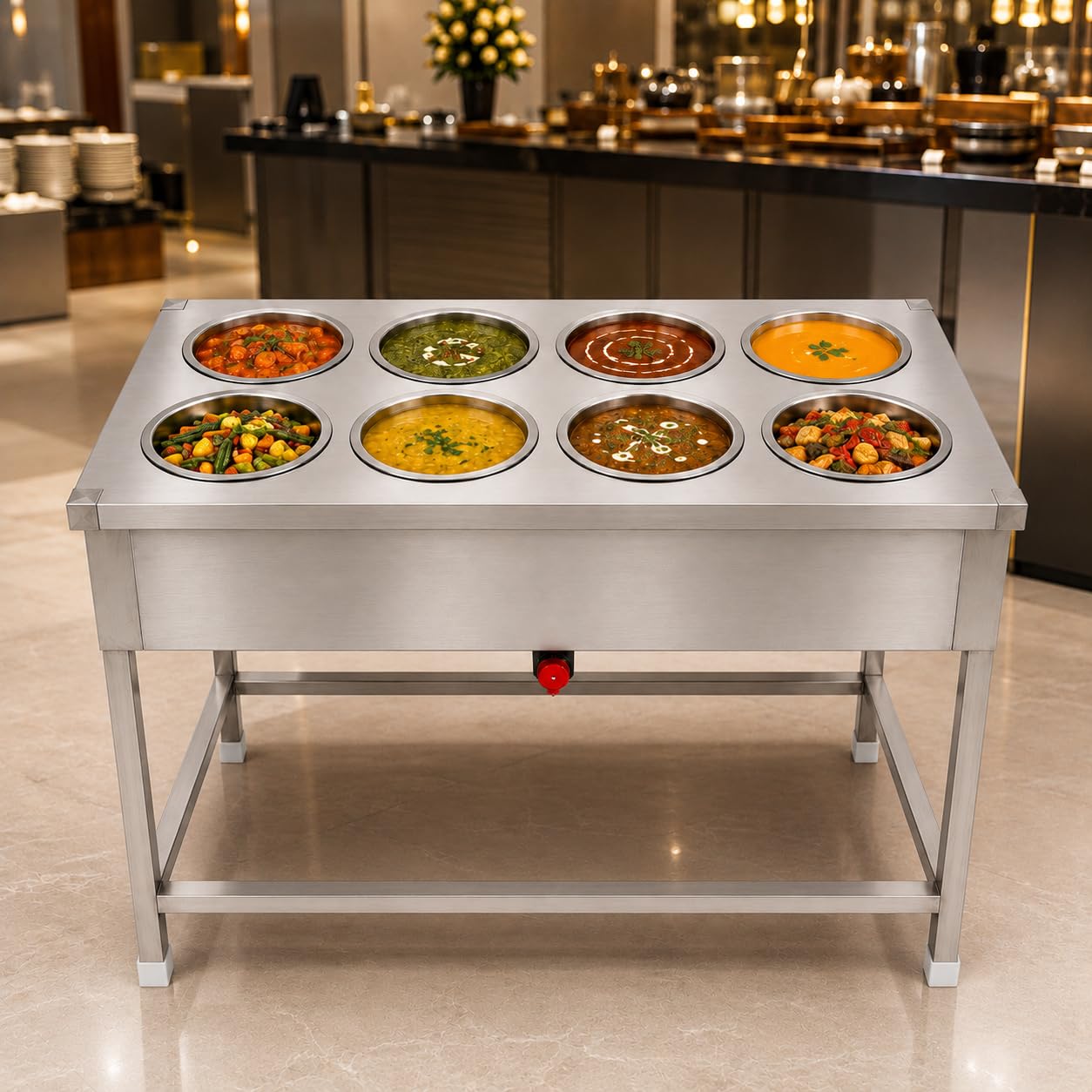 Gurubhai Equipments 8 Pot Electric Bain Marie Commercial Steam Table Food Warmer Stainless Steel Buffet Serving Counter for Restaurant Catering