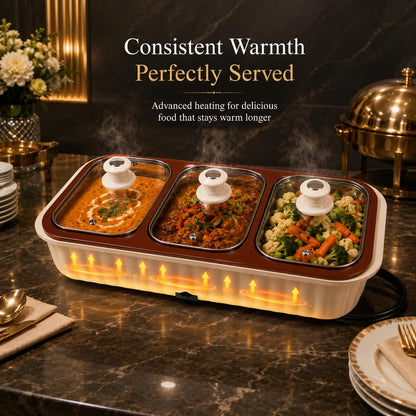 Gurubhai Equipments 3 Bowl Electrical Serving Casserole Chafing Dish,1100ml Each | Stainless Steel 3 Dish Food Buffet Server | 3 in 1 Electric Chafing Dish for Reheating Food, Beige