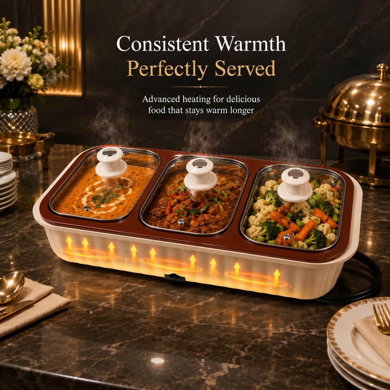 Gurubhai Equipments 3 Bowl Electrical Serving Casserole Chafing Dish,1100ml Each | Stainless Steel 3 Dish Food Buffet Server | 3 in 1 Electric Chafing Dish for Reheating Food, Beige