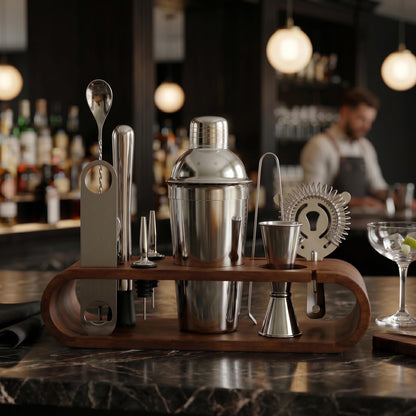 Gurubhai Equipments Cocktail Shaker Set with Wooden Stand Professional Bar Tool Kit Martini Shaker Bartender Set for Home Bar Party Cocktail Mixing