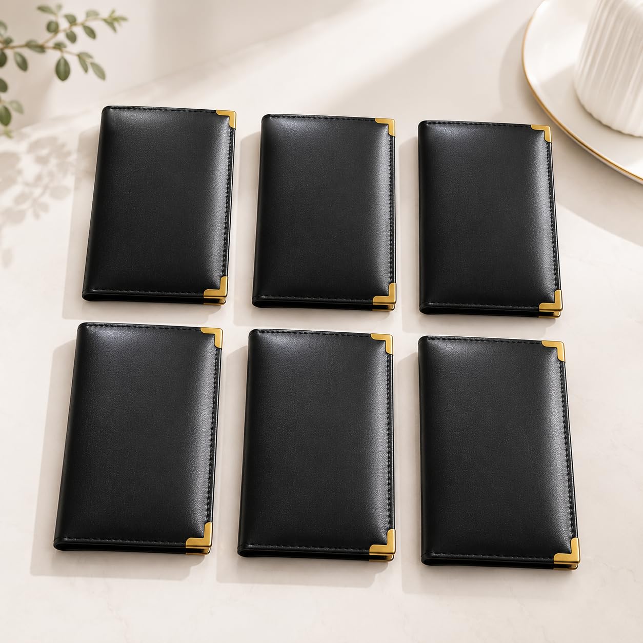 Gurubhai Equipments Set of 6 Bill Folders with Golden Corners | Black Leatherette Menu Holder for Restaurants, Hotels & Cafes | Durable Check Presenters/Receipt Holders for Commercial Use