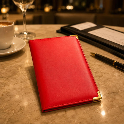 Gurubhai Equipments Premium Red Bill Folder – Pack of 6 | PU Leather Restaurant Bill Holder with Golden Corners | Stylish & Durable Check Presenter for Hotels, Cafés & Restaurants