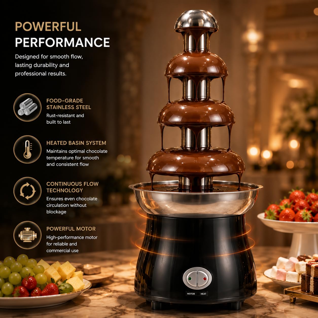 Gurubhai Equipments Electric Chocolate Fountain Machine with Stainless Steel Tower | 3-Tier Chocolate Fountain | Motor & Heating Control for Parties, Hotels, Catering & Events
