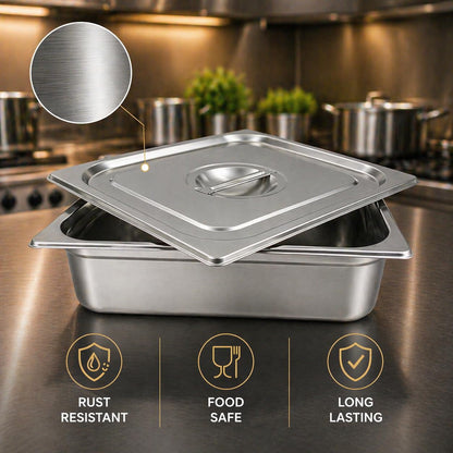 GURUBHAI EQUIPMENTS GN Pan Food Container 1/2 100 mm with lid Stainless Steel Gastronorm Pan with Lid, Easy-to-Clean Food Storage Solution for Commercial Kitchens & Catering Use