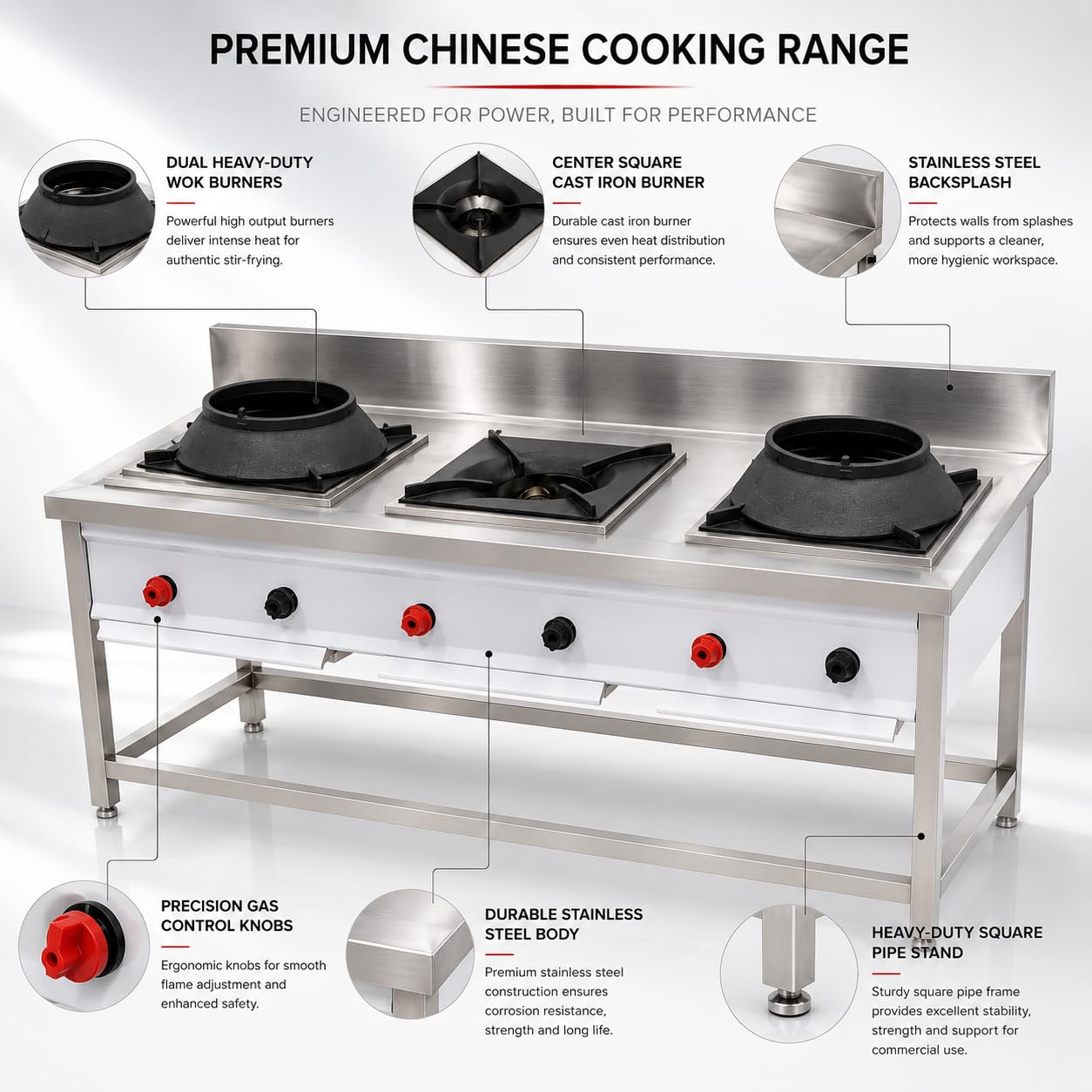 Gurubhai Equipments Stainless Steel Commercial Single Burner Gas Stove Table with Worktop Backsplash & Under Shelf for Hotel Restaurant Kitchen