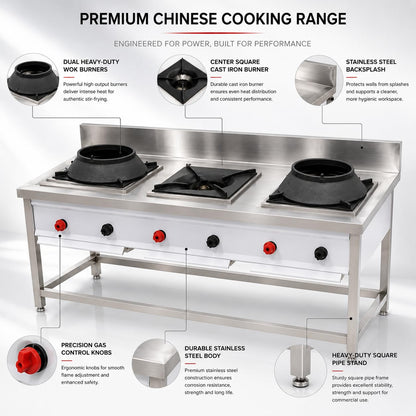 Gurubhai Equipments 3 Burner Commercial Gas Stove with 2 Chinese Burners & 1 Single Burner Stainless Steel Heavy Duty Cooking Range for Hotel Restaurant Catering Kitchen
