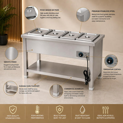 Gurubhai Equipments Electric Autocut Bain Marie Commercial Food Warmer Steam Table Buffet Counter with Undershelf for Restaurant Catering