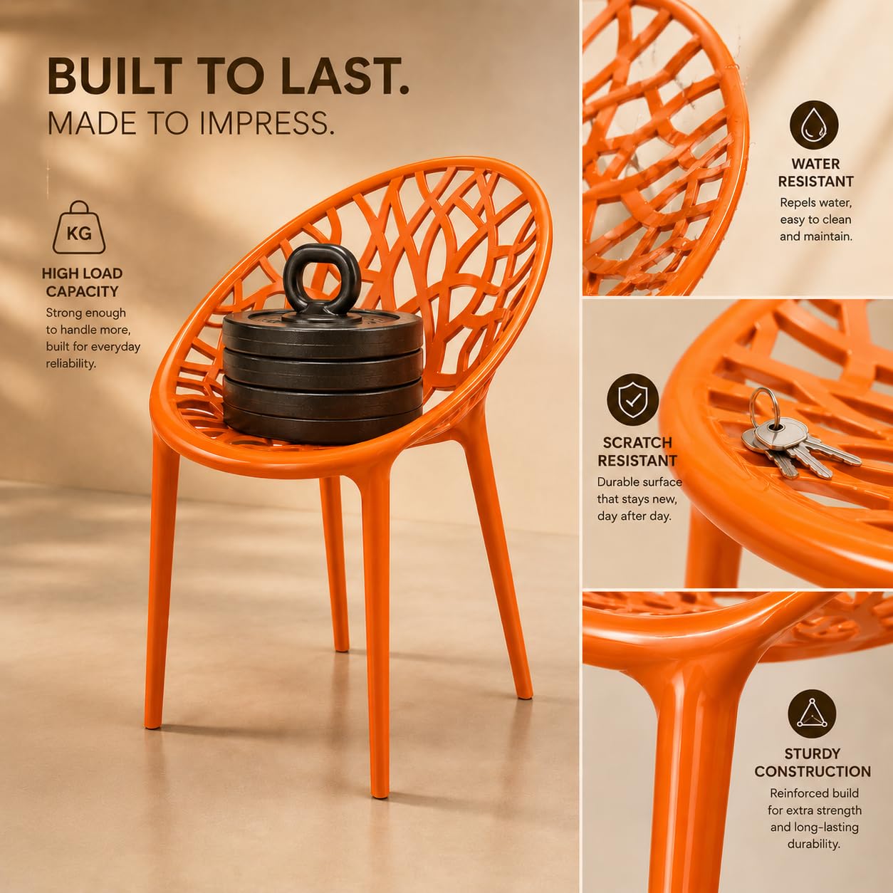 GURUBHAI EQUIPMENTS Plastic Dining Chair Cafe Restaurant Chair Commercial Seating for Home Indoor Outdoor Use Orange Pack of 4