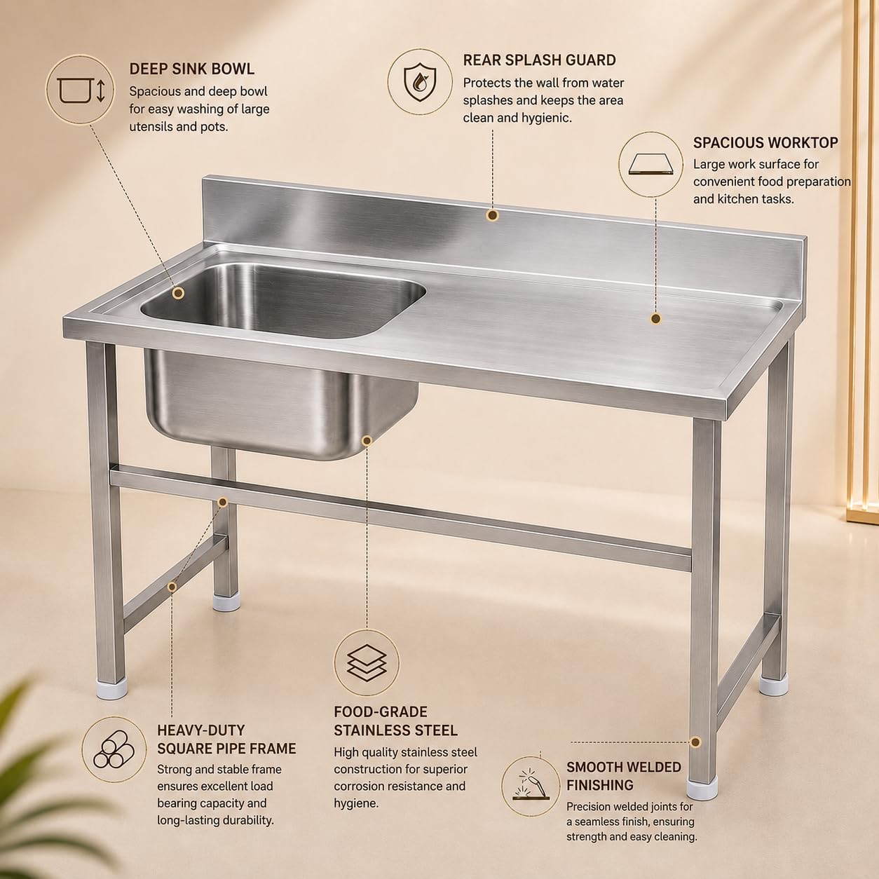 Gurubhai Equipments Stainless Steel Sink Table with Left Side Sink & Worktop | Heavy-Duty Commercial Kitchen Sink with Backsplash & Undercounter Space | Ideal for Restaurants, Hotels & Catering Use